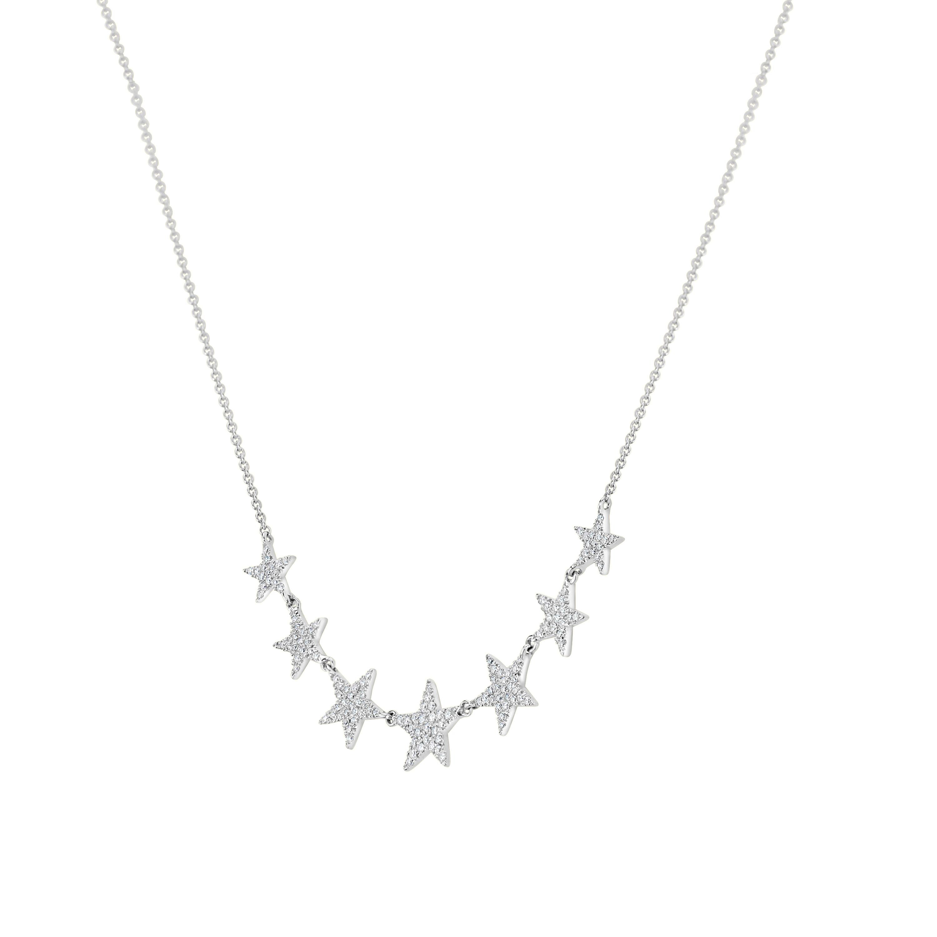 Wear your wishes around your neck with this charming star necklace by Luxle. It is made of 142 round diamonds on pave. It comes with a spring ring clasp and the hanging length is 15 inches.

Please follow the Luxury Jewels storefront to view the