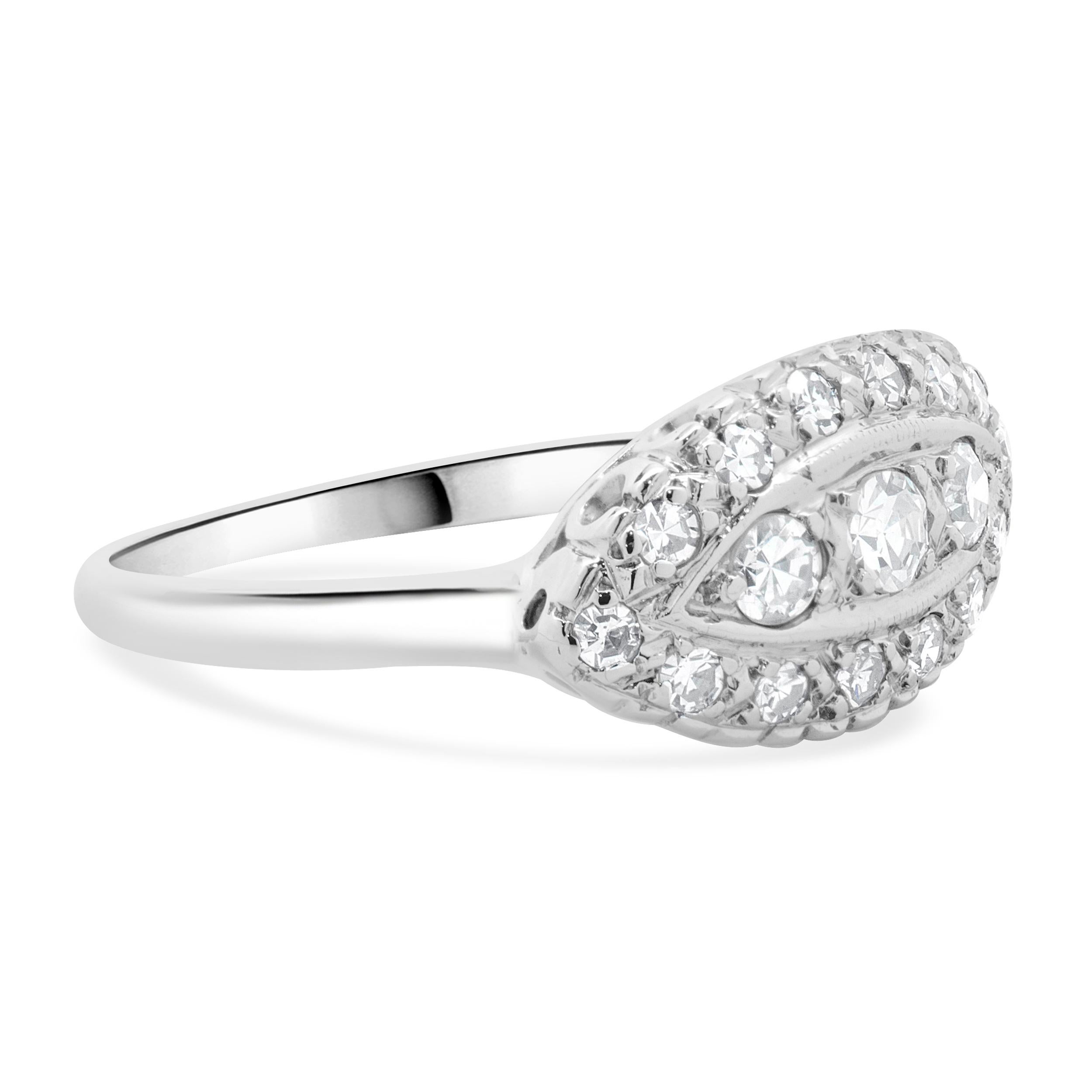 Designer: custom
Material: 14K white gold
Diamond: 17 round single cut = 0.25cttw
Color: G 
Clarity: VS2
Size: 6.5 sizing available 
Weight: 2.33 grams
