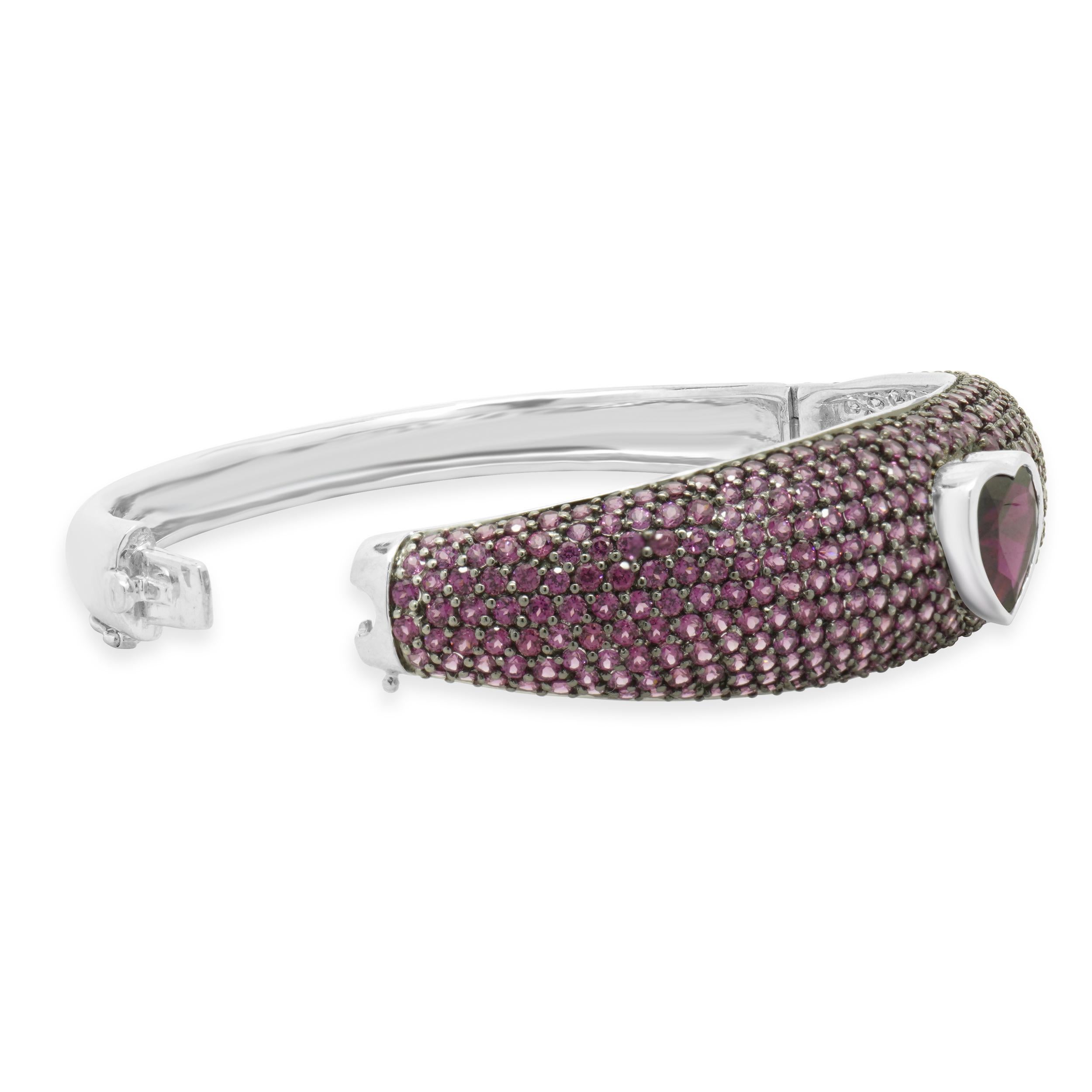 Round Cut 14 Karat White Gold Pave Grape Garnet Heart Bangle Bracelet For Sale