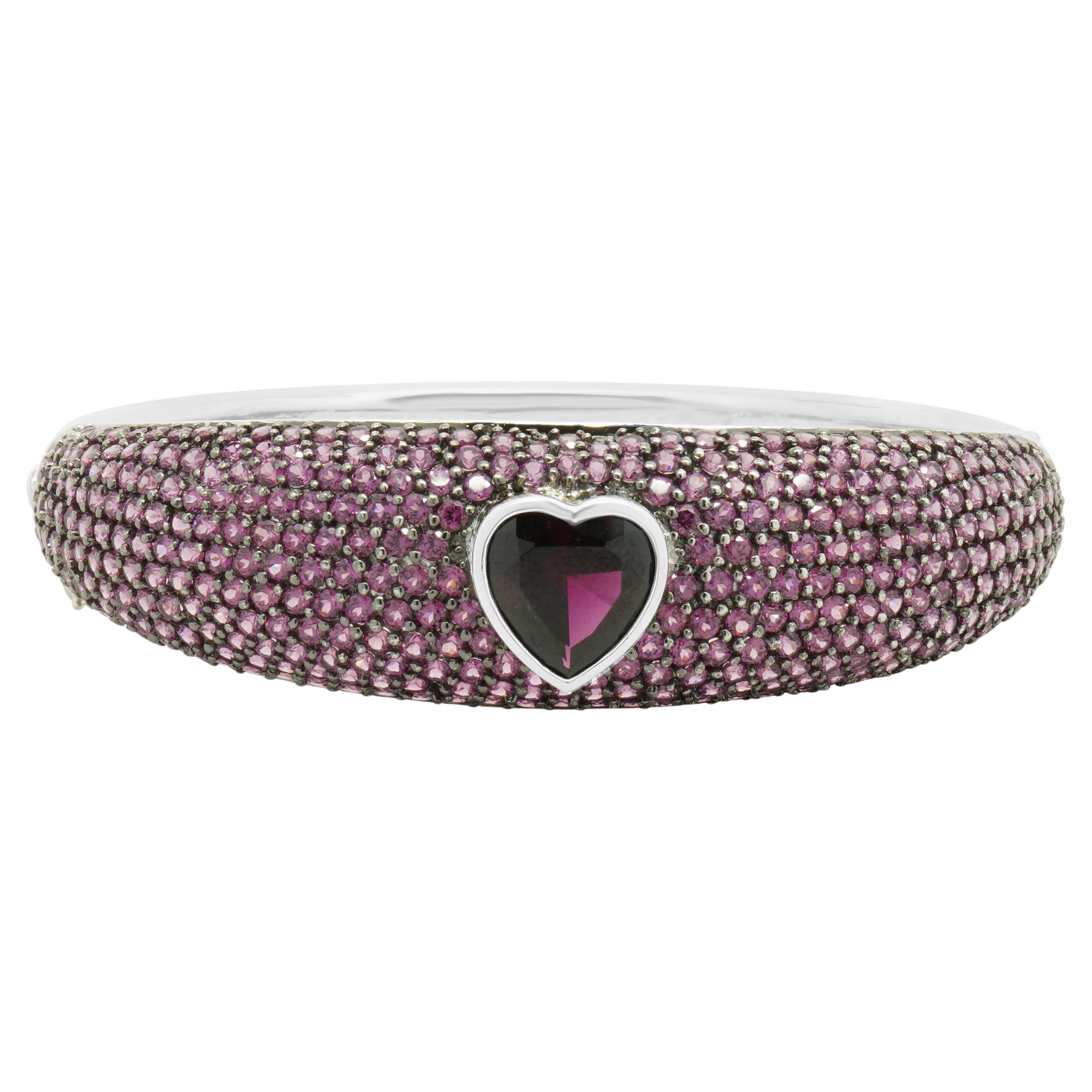 14 Karat White Gold Pave Grape Garnet Heart Bangle Bracelet