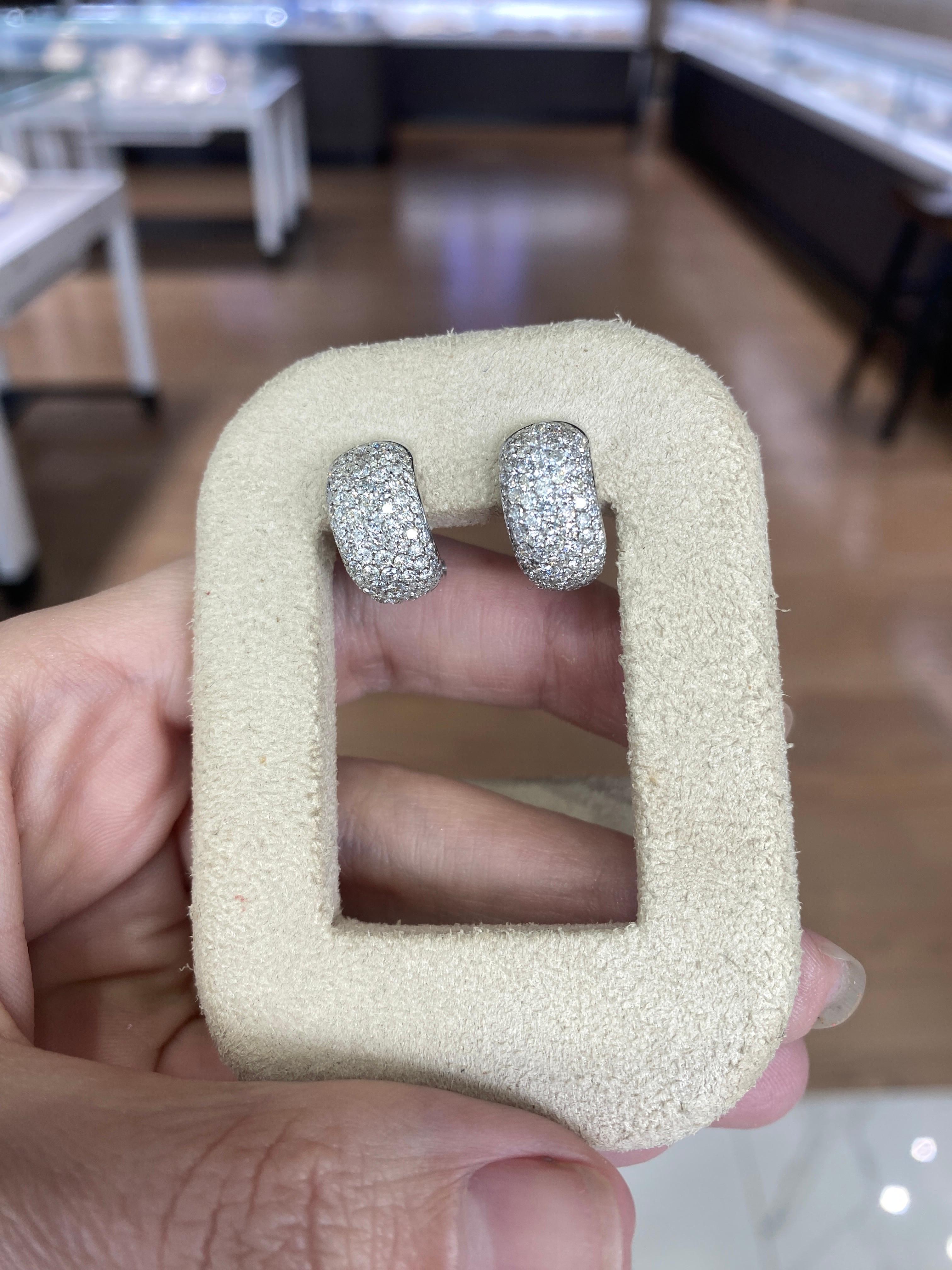 14 Karat White Gold Pave Set Diamond Huggie Hoop Earrings  For Sale 2