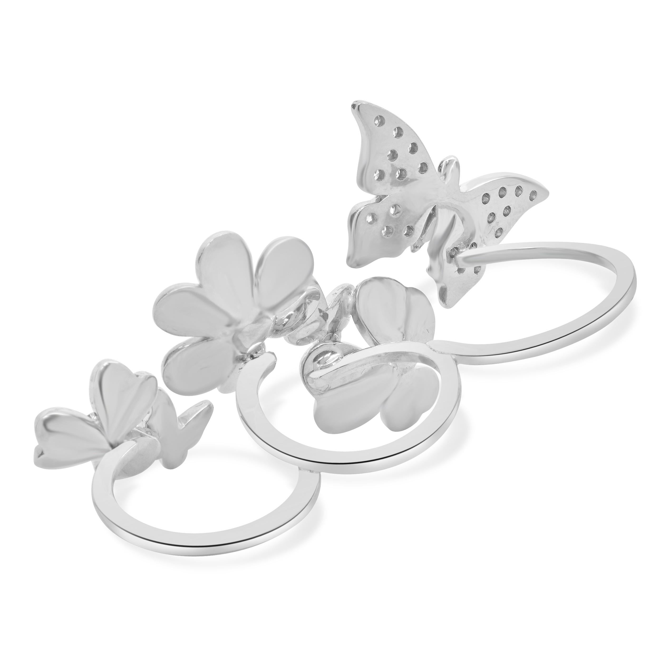 Bague papillon et fleur à trois doigts en or pavé de diamants blancs et violets 14 carats Excellent état - En vente à Scottsdale, AZ