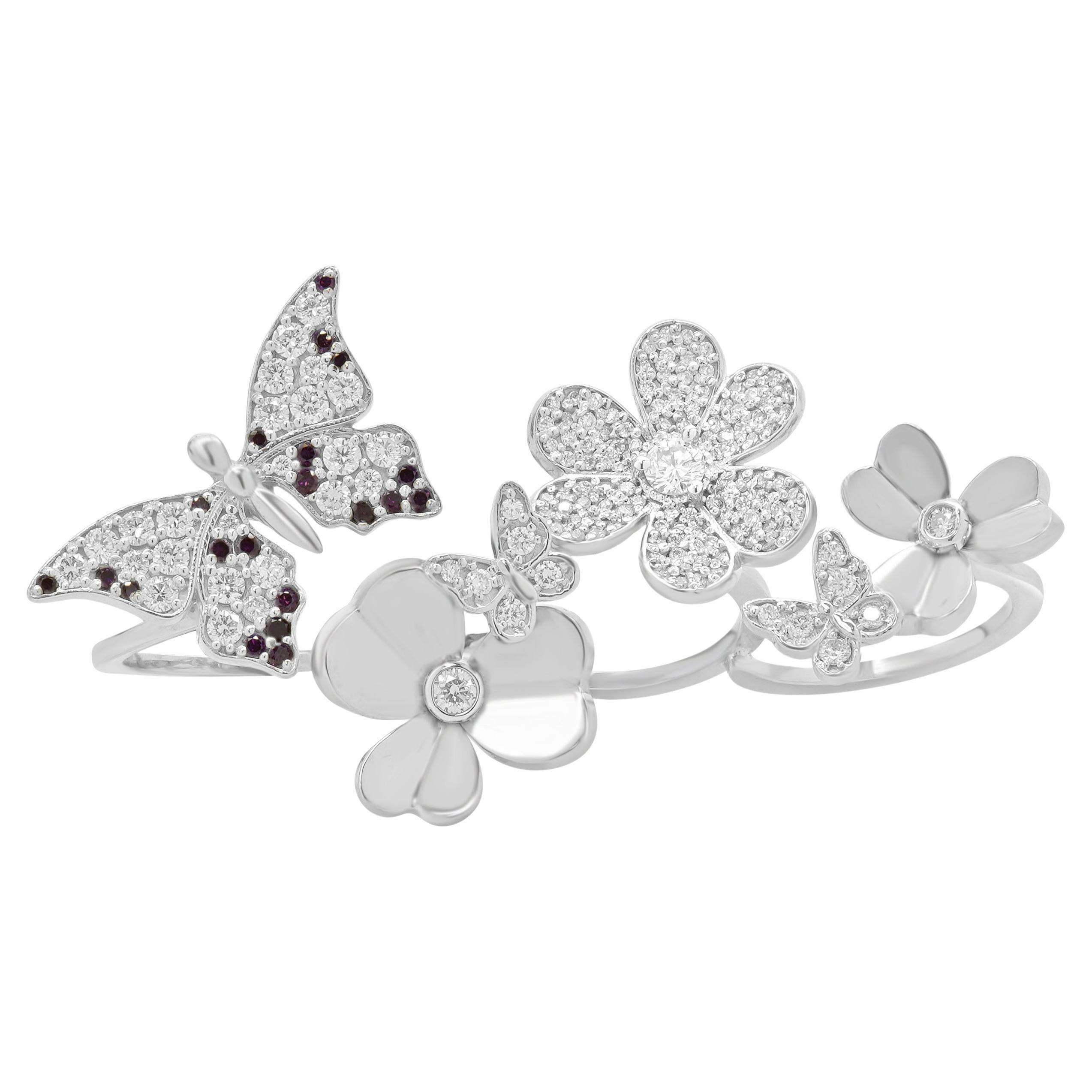 14KW Gold Pave White and Purple Diamond Three Finger Butterfly and Flower Ring