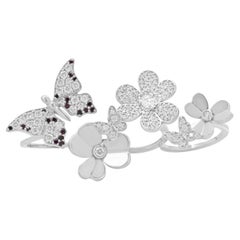 14KW Gold Pave White and Purple Diamond Three Finger Butterfly and Flower Ring