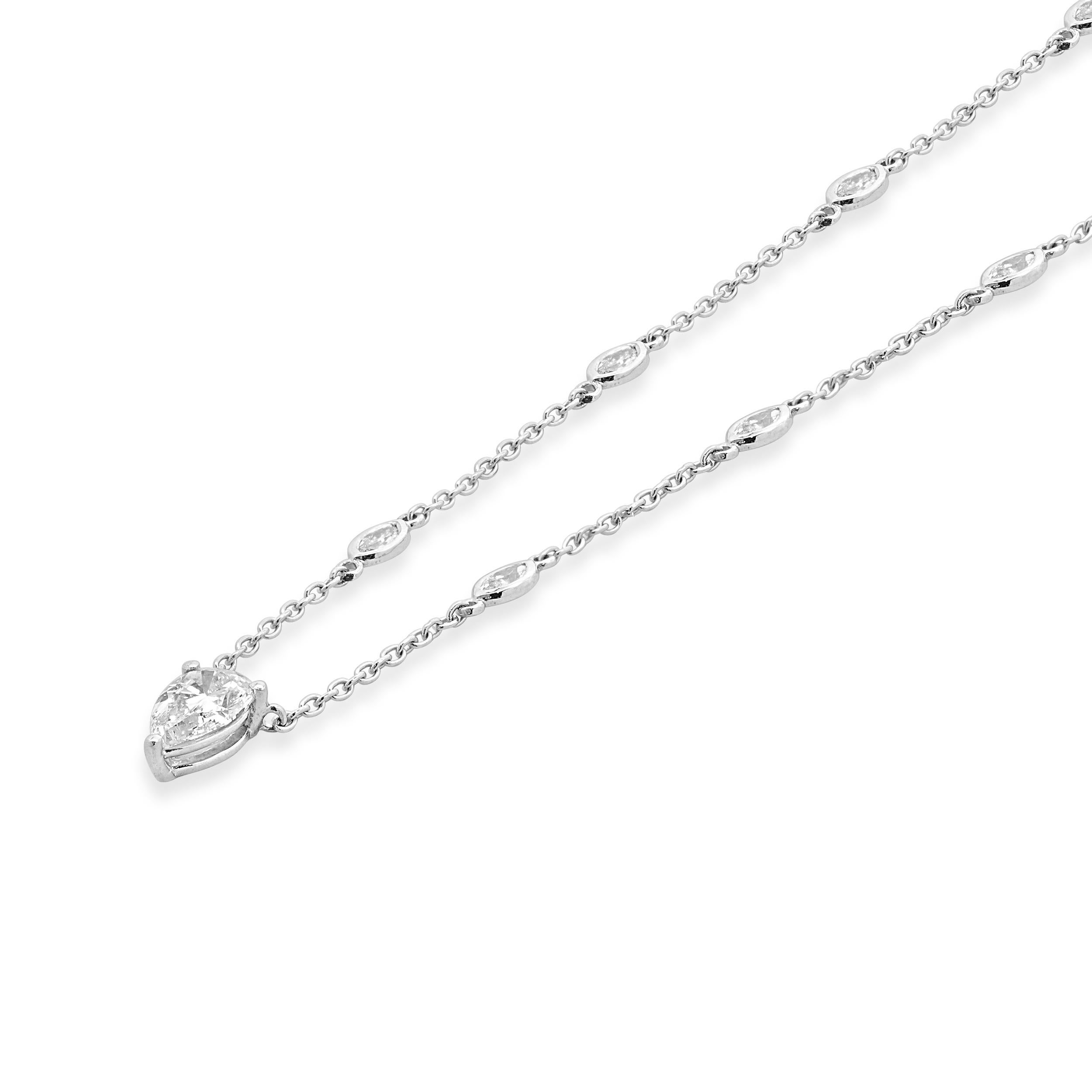 Designer: custom design
Material: 14K white gold
Center Diamond: 1 pear cut= 0.50cttw
Color: I
Clarity: VS1
Diamonds: 12 marquise cut= 0.60cttw
Color: G
Clarity: SI1
Dimensions: necklace measures 15.75-inches in length
Weight: 2.66 grams
