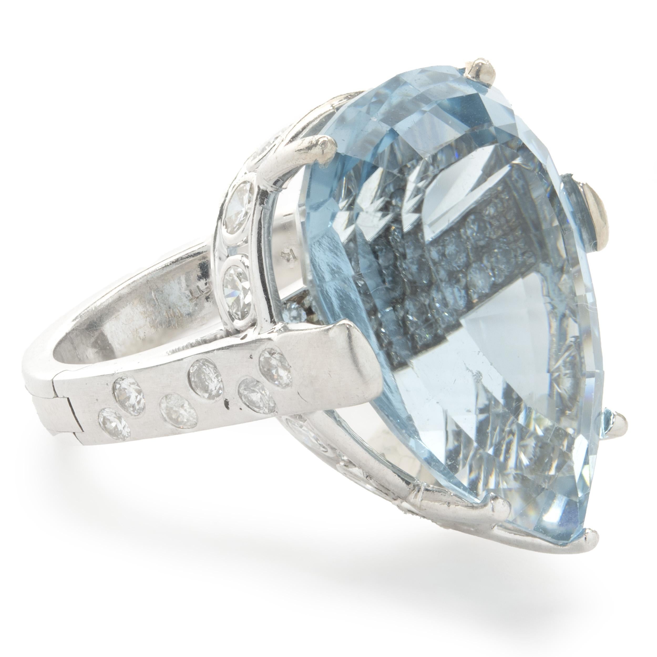 Designer: custom
Material: 14K white gold
Diamond: 26 round brilliant cut = 1.44cttw
Color: G
Clarity: VS2
Aquamarine: 1 pear cut = 15.50cttw
Ring Size: 5.5 (please allow up to 2 additional business days for sizing requests)
Dimensions: ring top