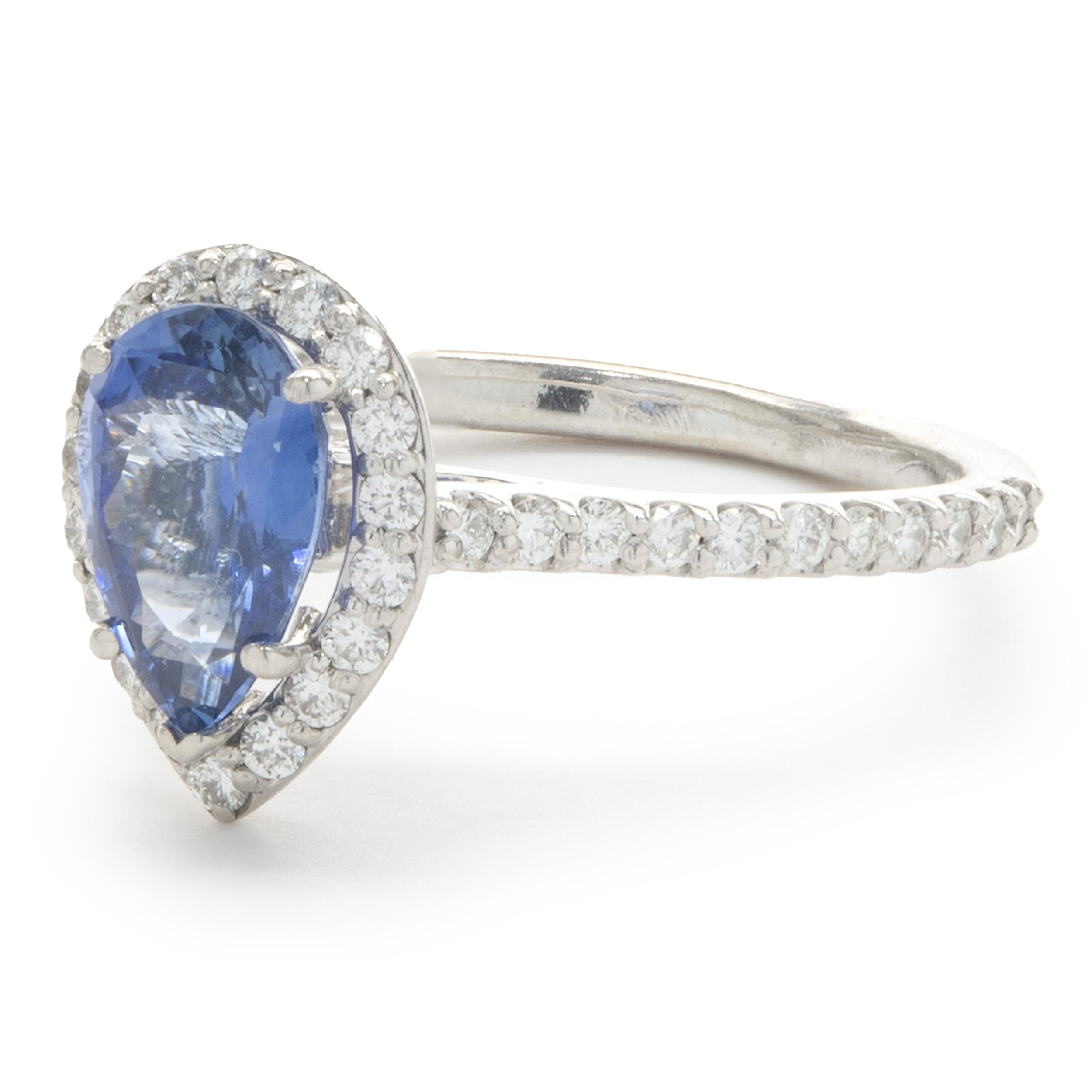 Women's 14 Karat White Gold Pear Cut Sapphire and Diamond Ring For Sale