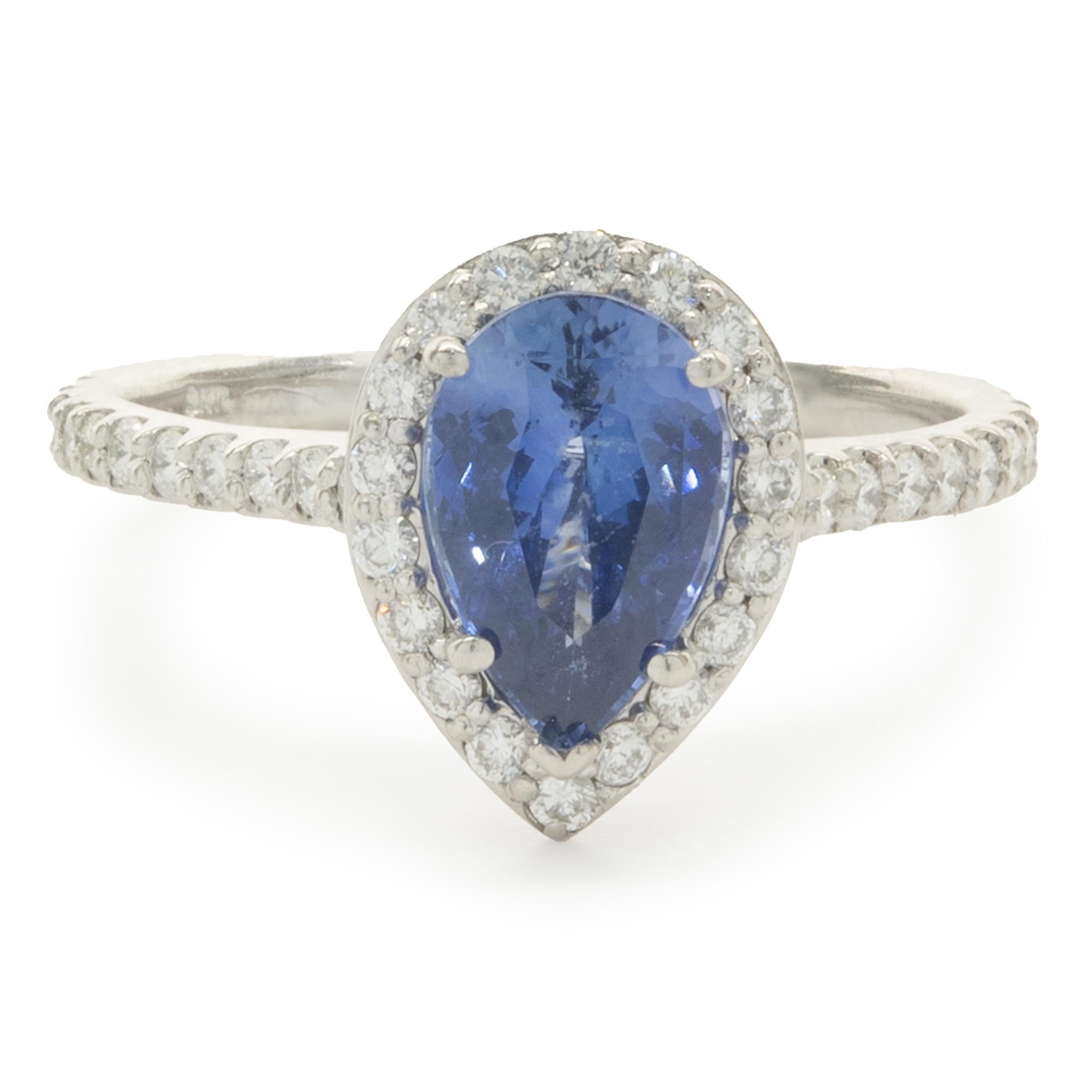 14 Karat White Gold Pear Cut Sapphire and Diamond Ring For Sale