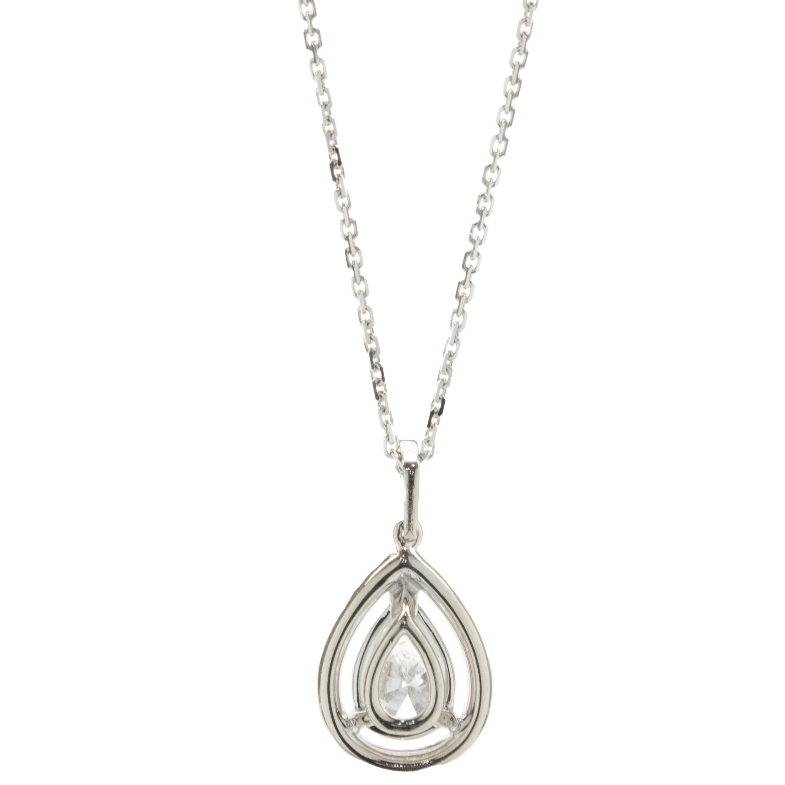 Designer: custom	
Material: 14K white gold
Diamonds: 1 pear cut = 1.10cttw
Color: I
Clarity: SI2
Diamonds: 28 round cut = 0.30cttw
Color: H
Clarity: SI1
Dimensions: necklace measures 18-inches in length 
Weight: 5 grams