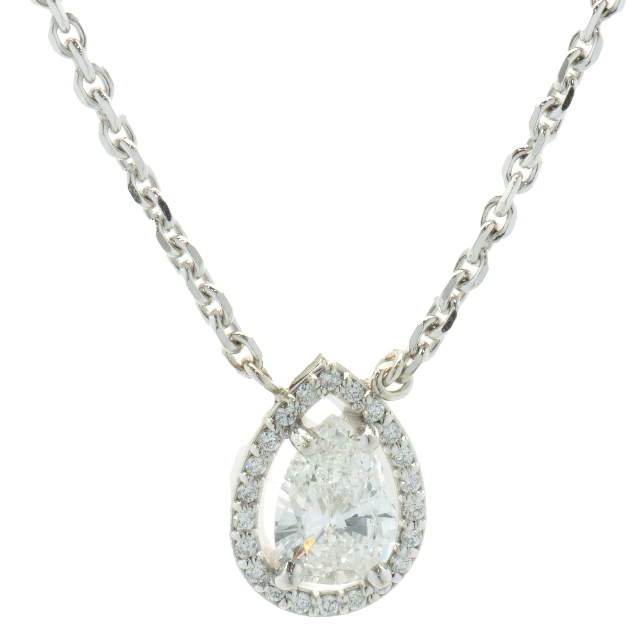 Designer: custom
Material: 14K white gold
Diamonds: 1 pear cut = 0.87ct
Color: G
Clarity: SI1
Diamonds: 20 round brilliant cut = 0.10cttw
Color: G
Clarity: VS1-2
Dimensions: necklace measures 18-inches in length 
Weight: 1.79 grams