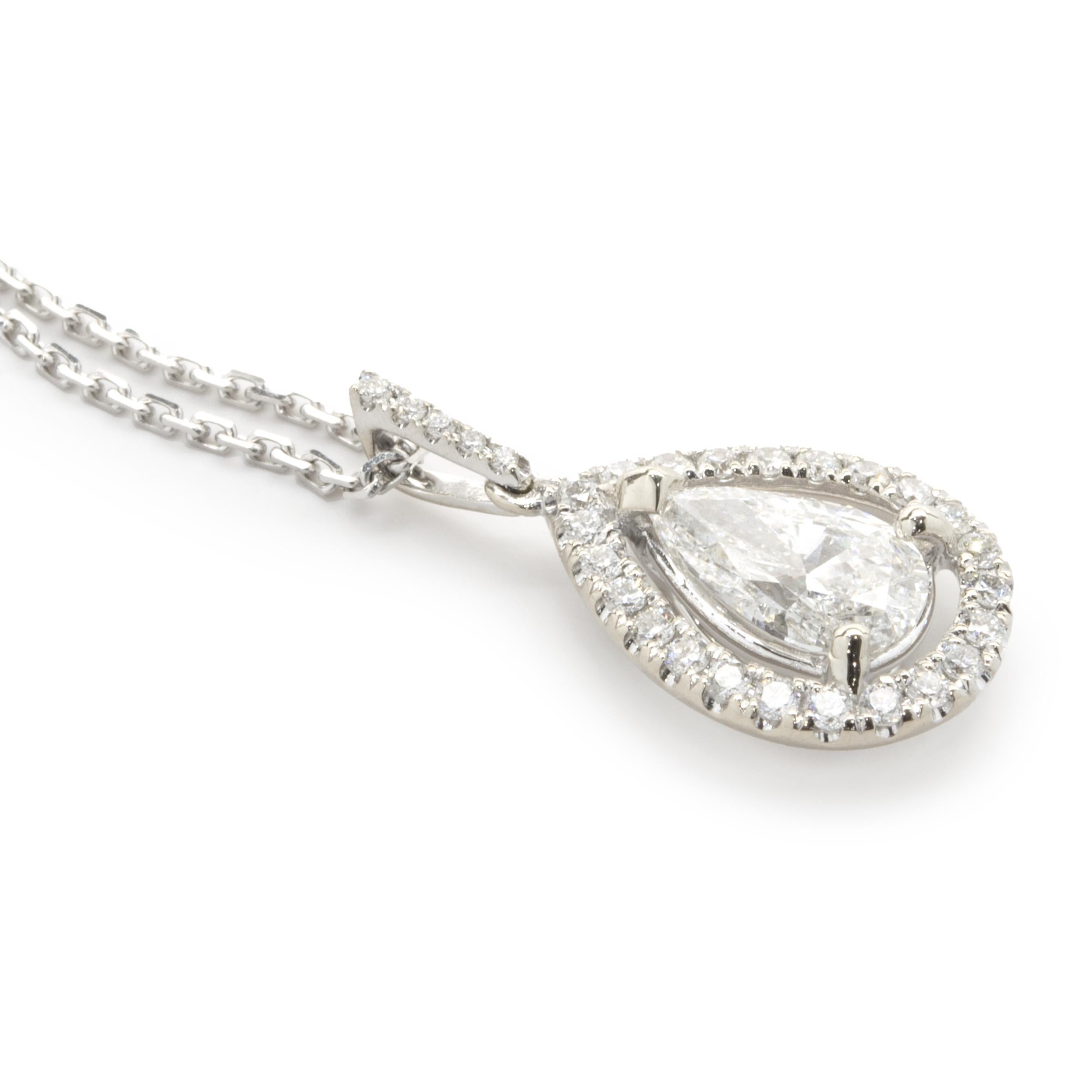 Pear Cut 14 Karat White Gold Pear Diamond Halo Necklace For Sale
