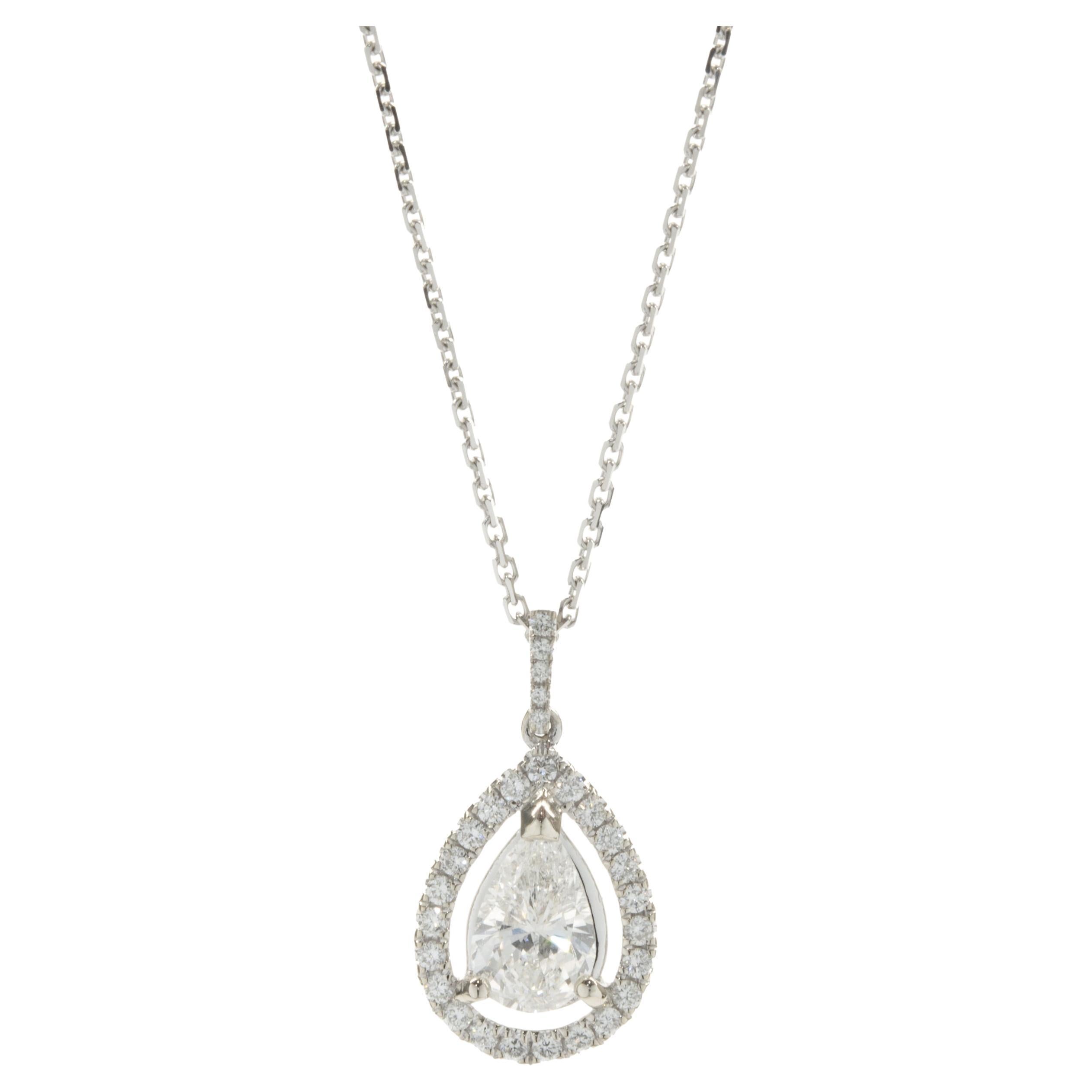 14 Karat White Gold Pear Diamond Halo Necklace