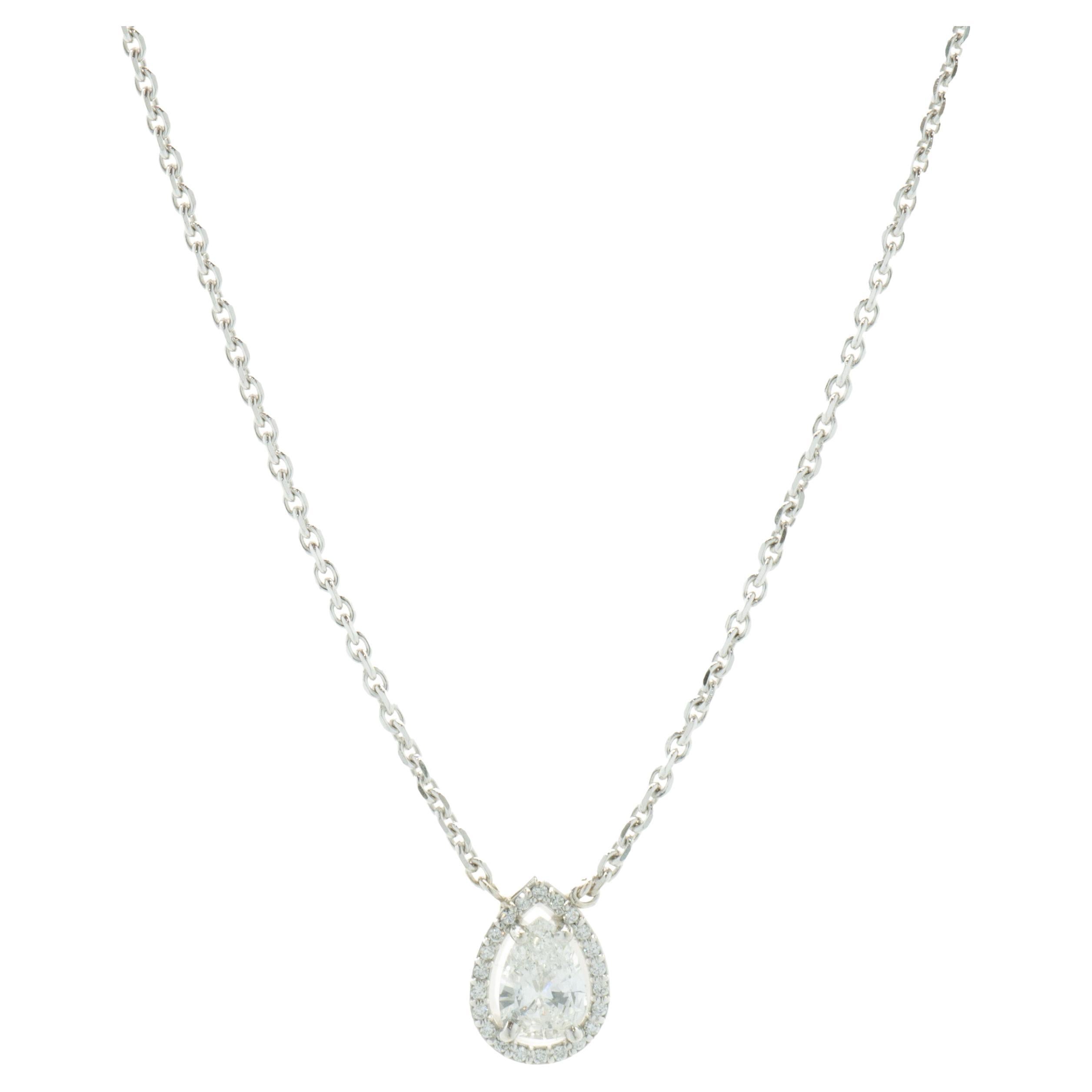 14 Karat White Gold Pear Diamond Halo Necklace For Sale