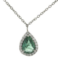 14 Karat White Gold Pear Shape Emerald and Diamond Station Drop Necklace