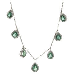 14 Karat White Gold Pear Shape Emerald and Diamond Station Drop Necklace