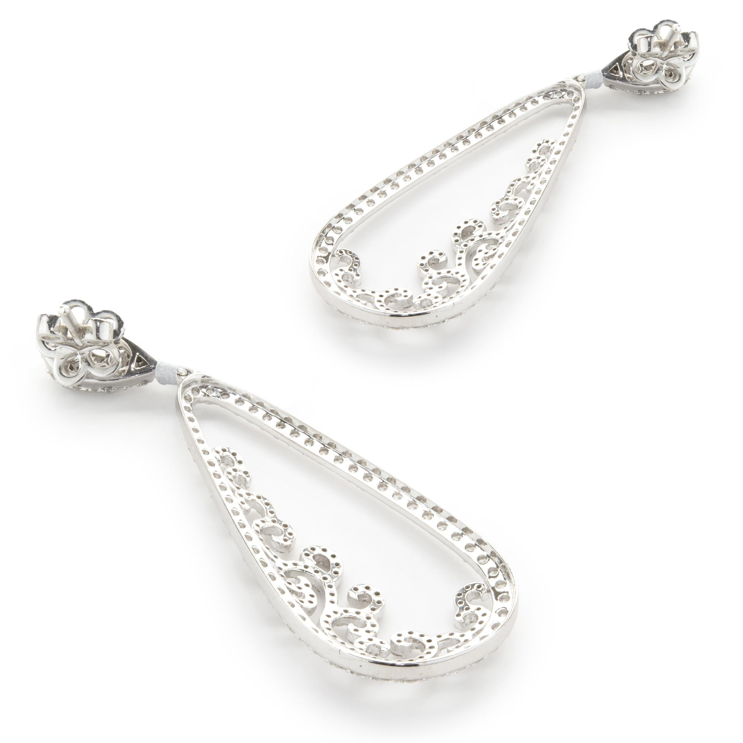 14 Karat White Gold Pear Shape Open Diamond Scroll Drop Earrings In Excellent Condition For Sale In Scottsdale, AZ