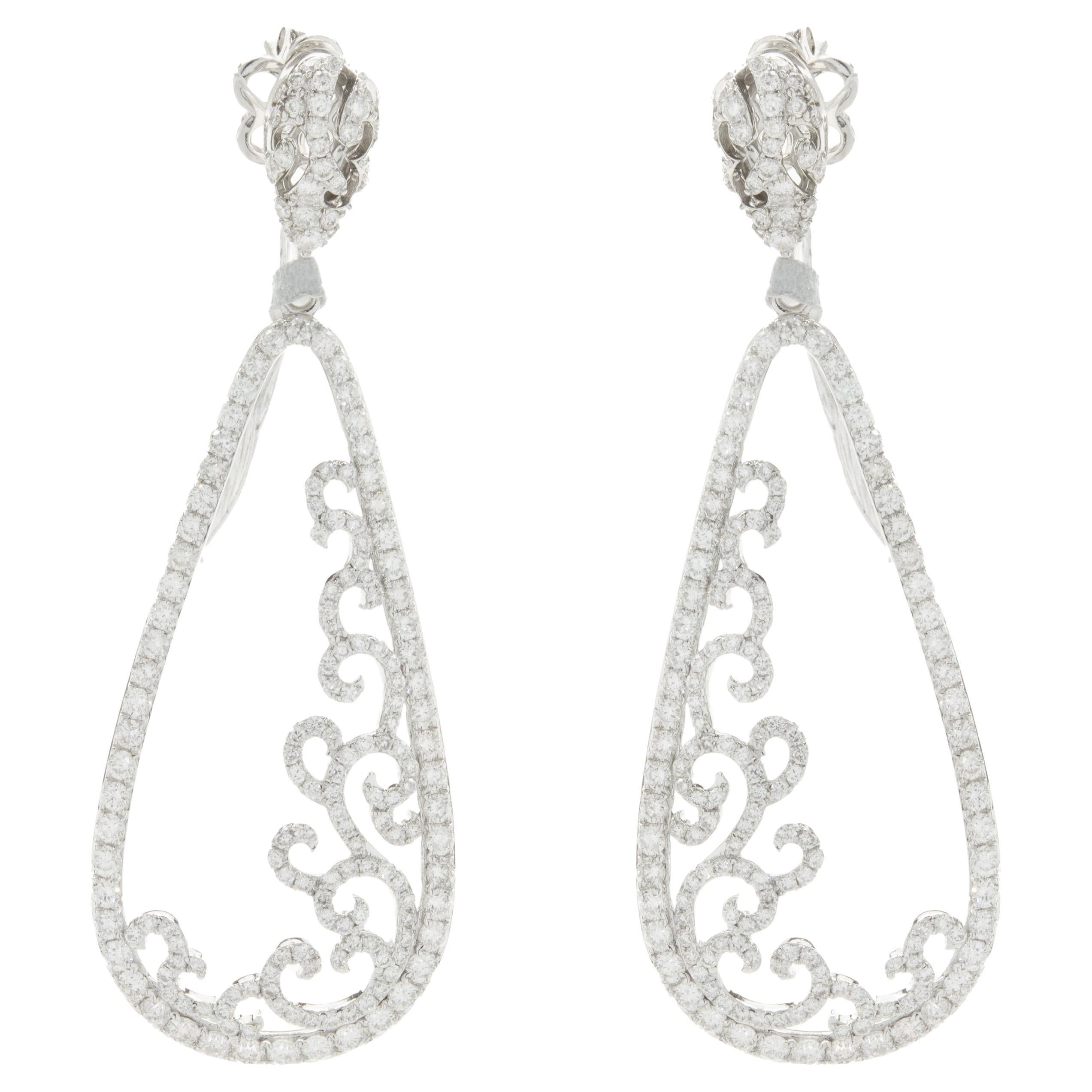 14 Karat White Gold Pear Shape Open Diamond Scroll Drop Earrings For Sale