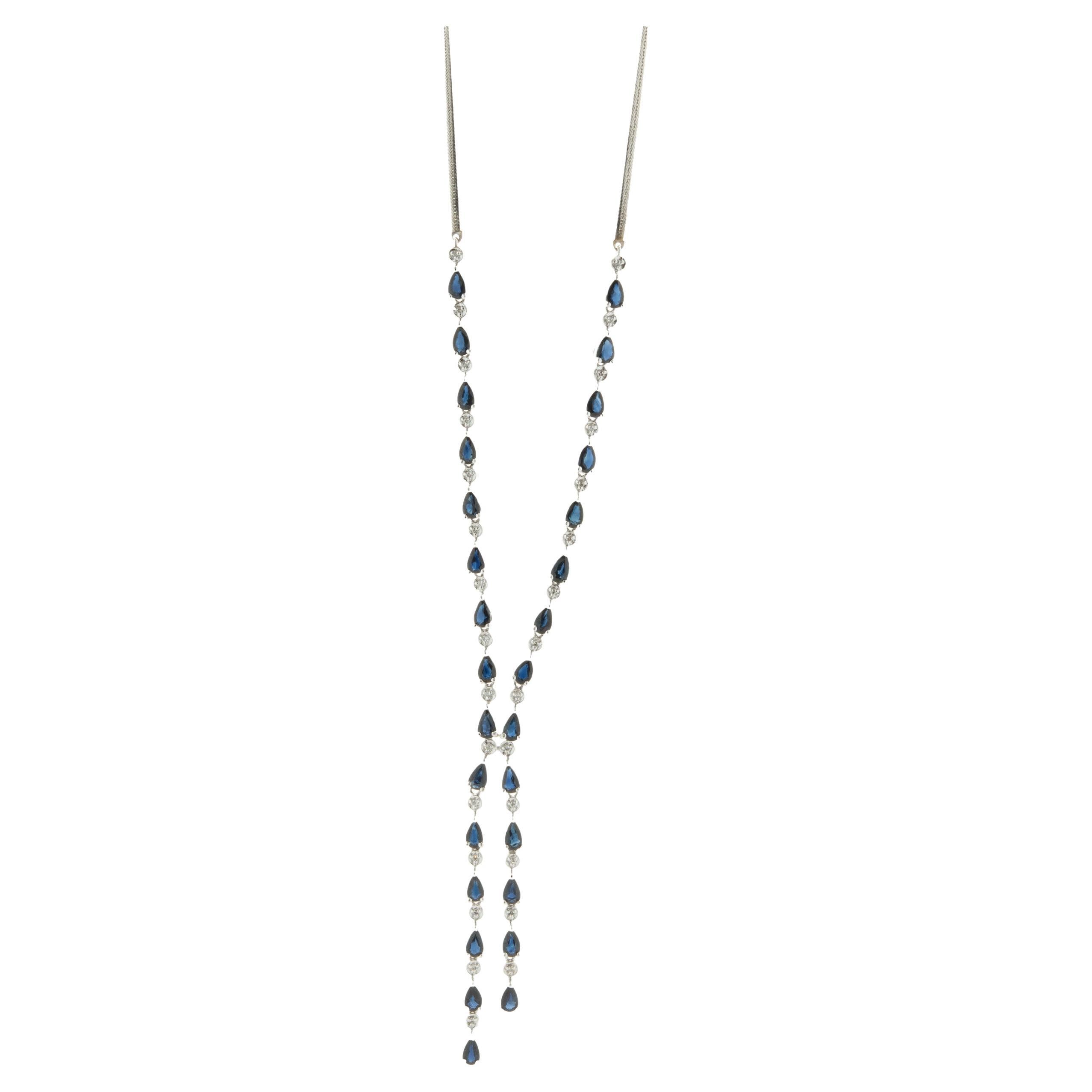 14 Karat White Gold Pear Shape Sapphire and Diamond Lariat Necklace For Sale