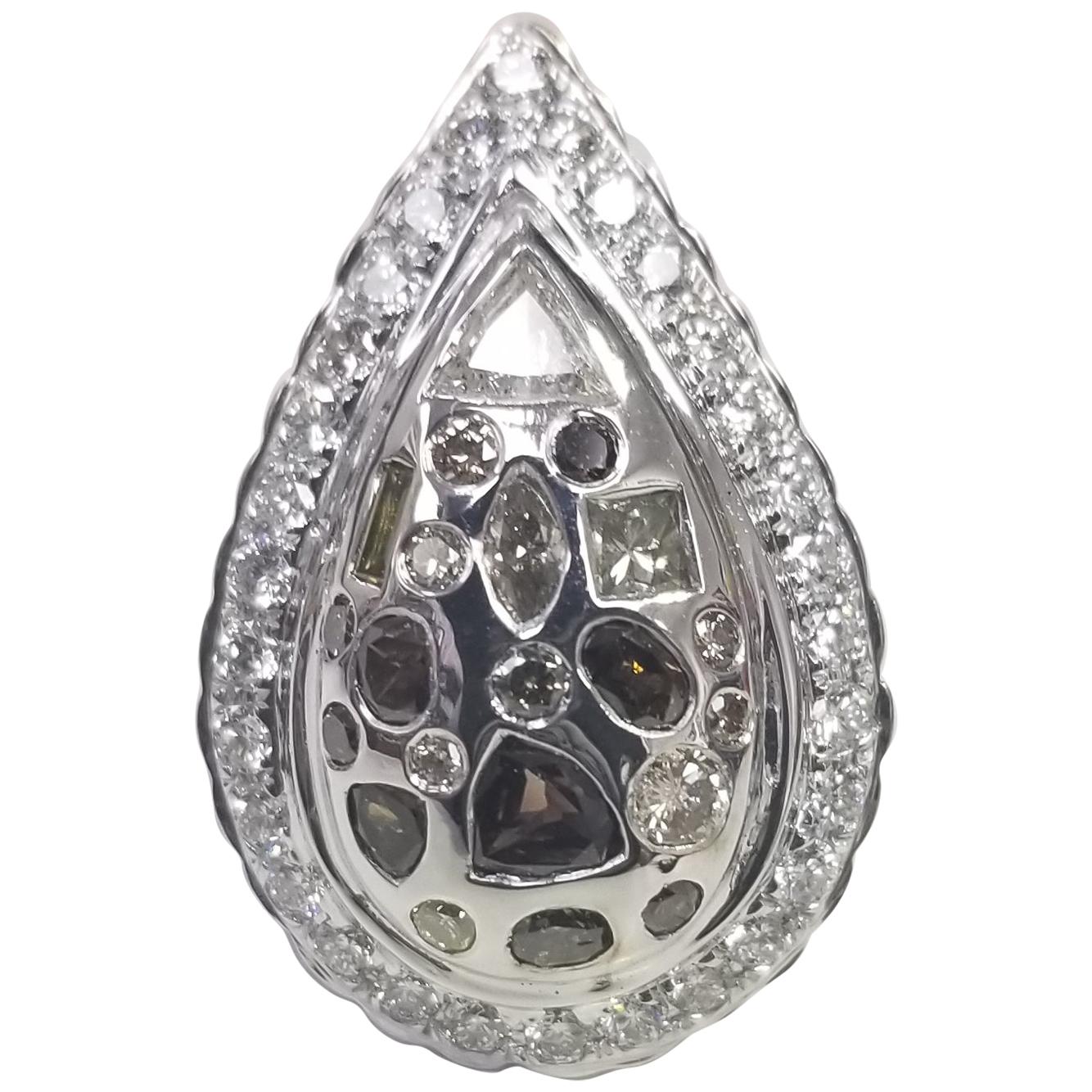 14 Karat White Gold Pear Shape Setting with Natural Brown and White Diamonds For Sale