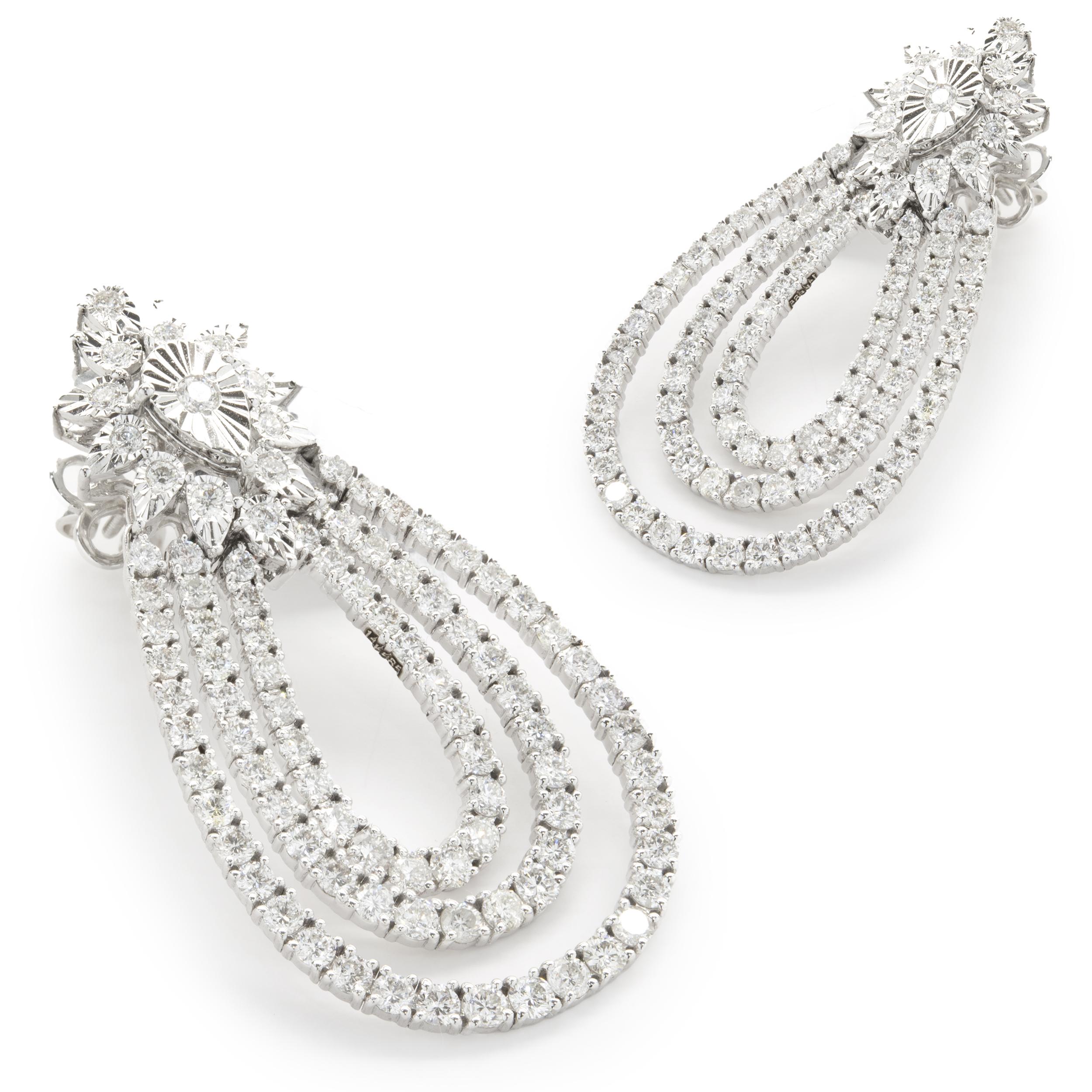 Round Cut 14 Karat White Gold Pear Shape Three Layer Diamond Drop Earrings For Sale