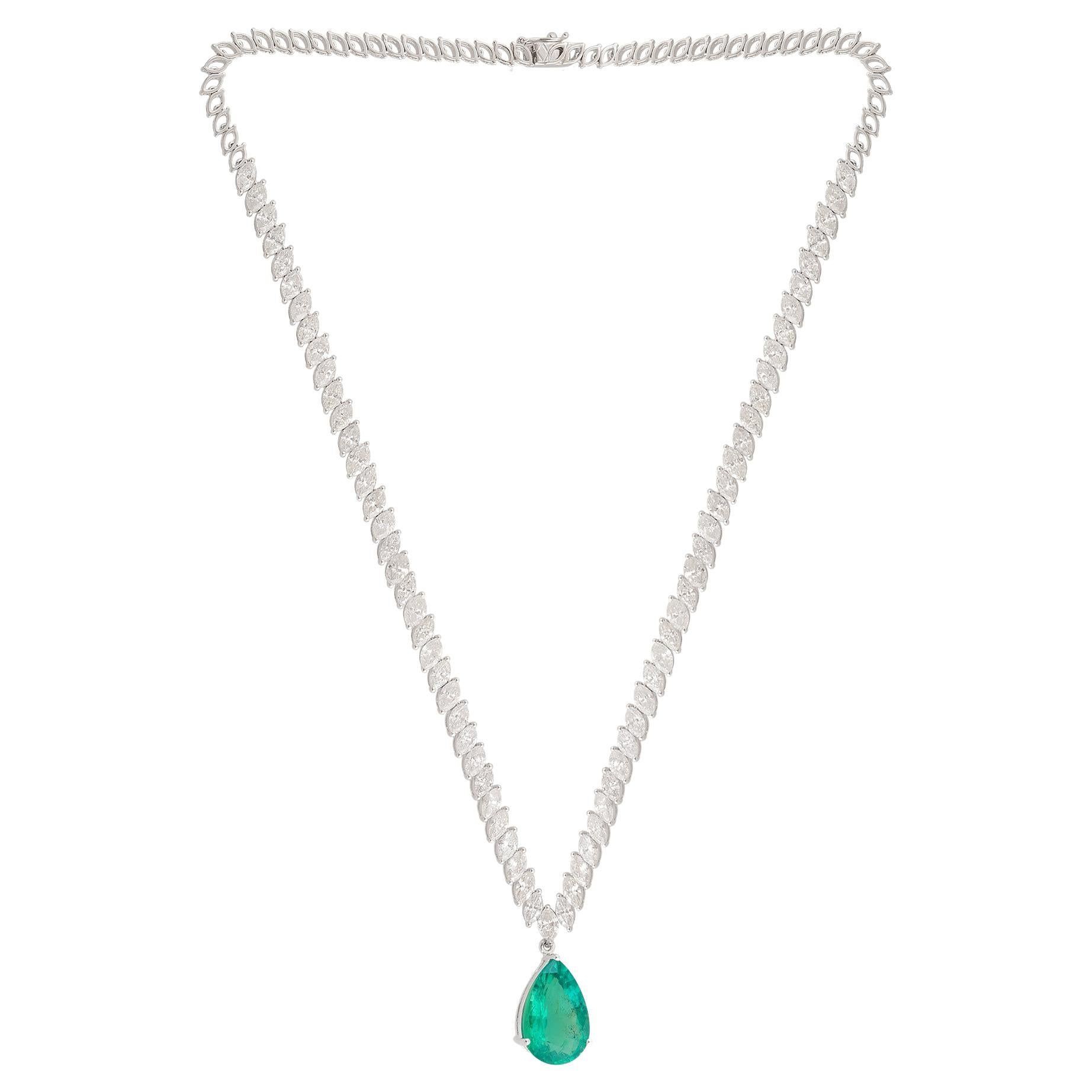 14 Karat White Gold Pear Zambian Emerald Gemstone Charm Necklace Diamond Jewelry For Sale