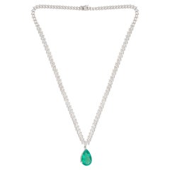 Used 14 Karat White Gold Pear Zambian Emerald Gemstone Charm Necklace Diamond Jewelry