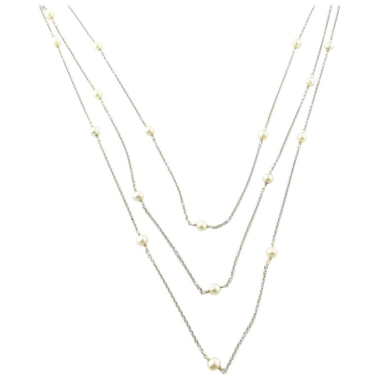 14 Karat White Gold Pearl 3Strand Necklace at 1stDibs