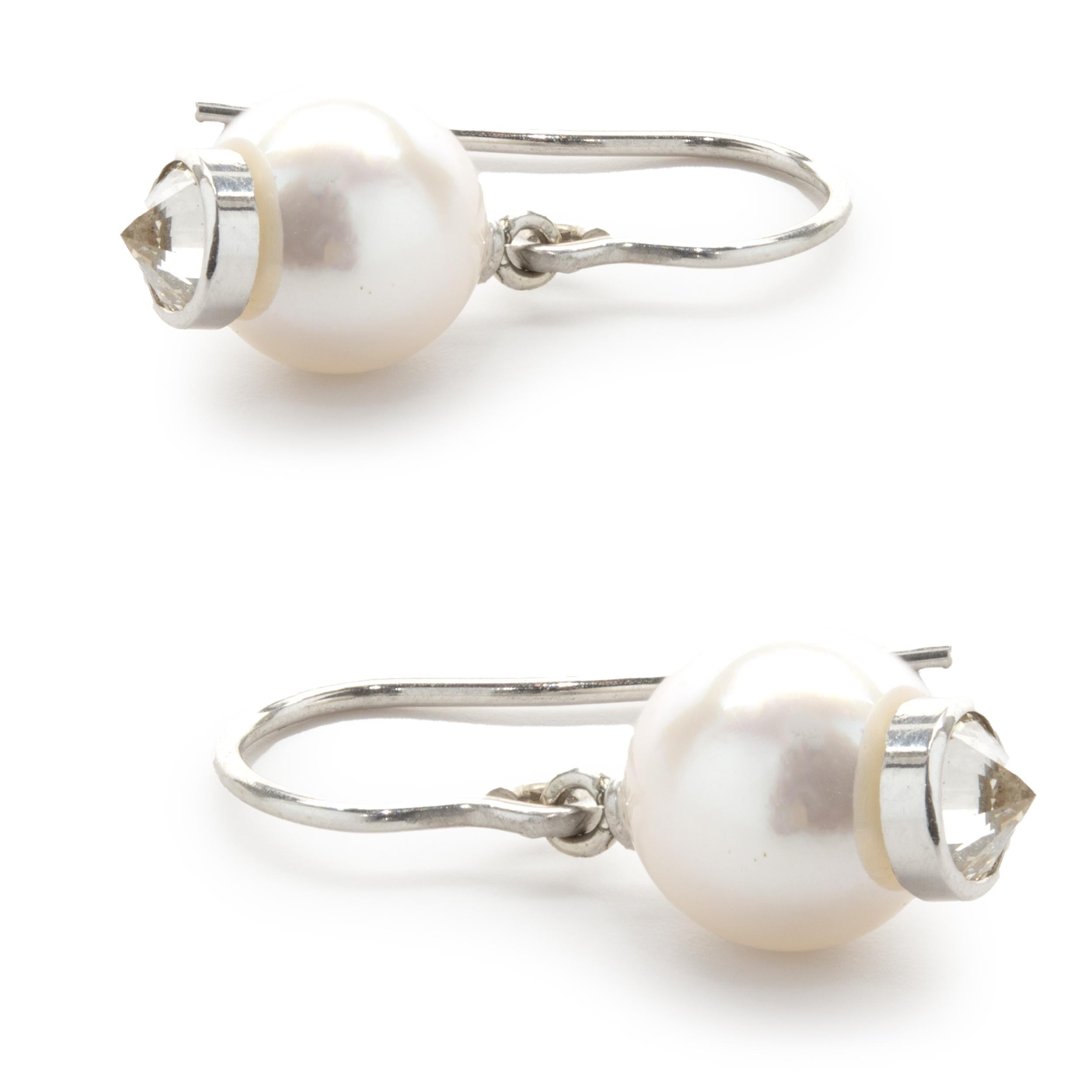 Round Cut 14 Karat White Gold Pearl and Diamond Capped Drop Earrings For Sale
