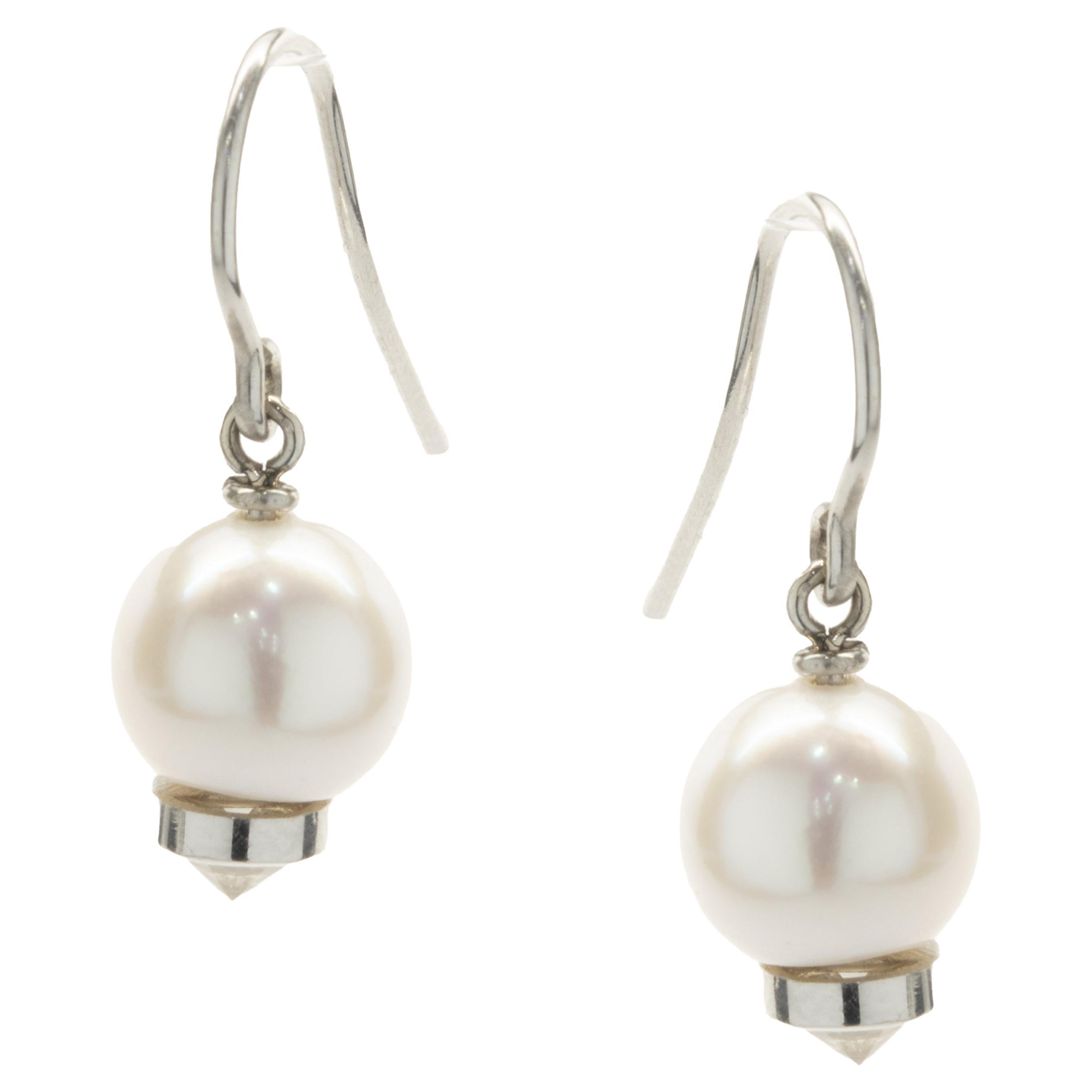 14 Karat White Gold Pearl and Diamond Capped Drop Earrings For Sale