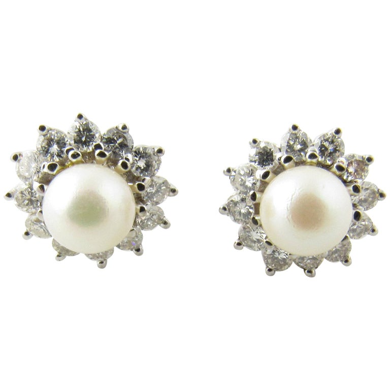 14 Karat White Gold Pearl and Diamond Earrings For Sale at 1stdibs