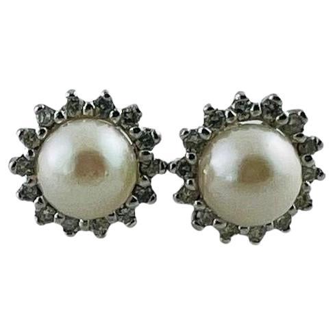 14 Karat White Gold Pearl and Diamond Halo Earrings #16762 For Sale