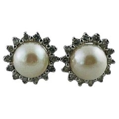 Boucles d'oreilles halo en or blanc 14 carats, perles et diamants n° 16762