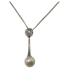 Vintage 14 Karat White Gold Pearl and Diamond Pendant Necklace
