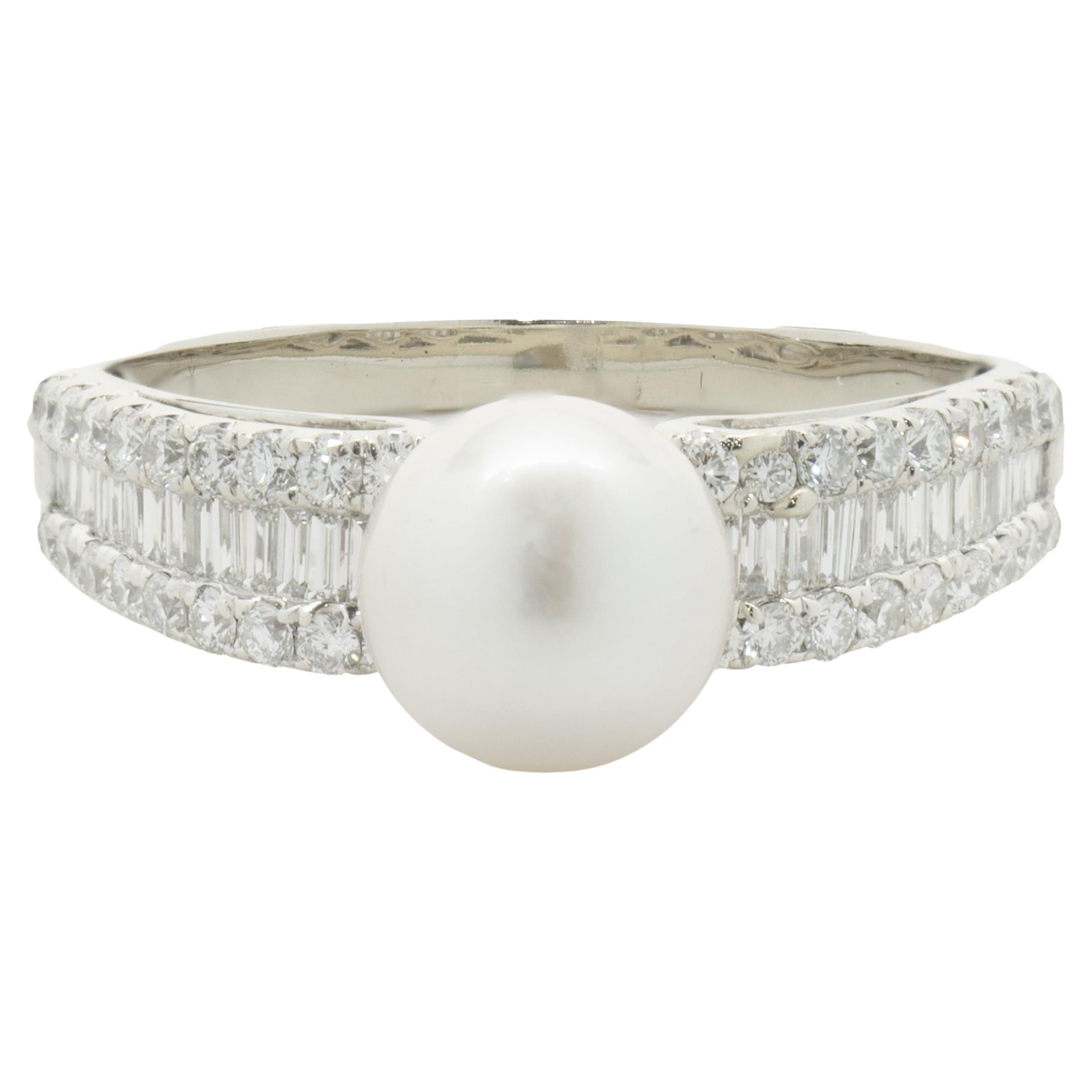 14 Karat White Gold Pearl and Diamond Ring For Sale
