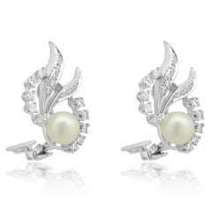 14 Karat White Gold Pearl and Diamond Spray Earrings