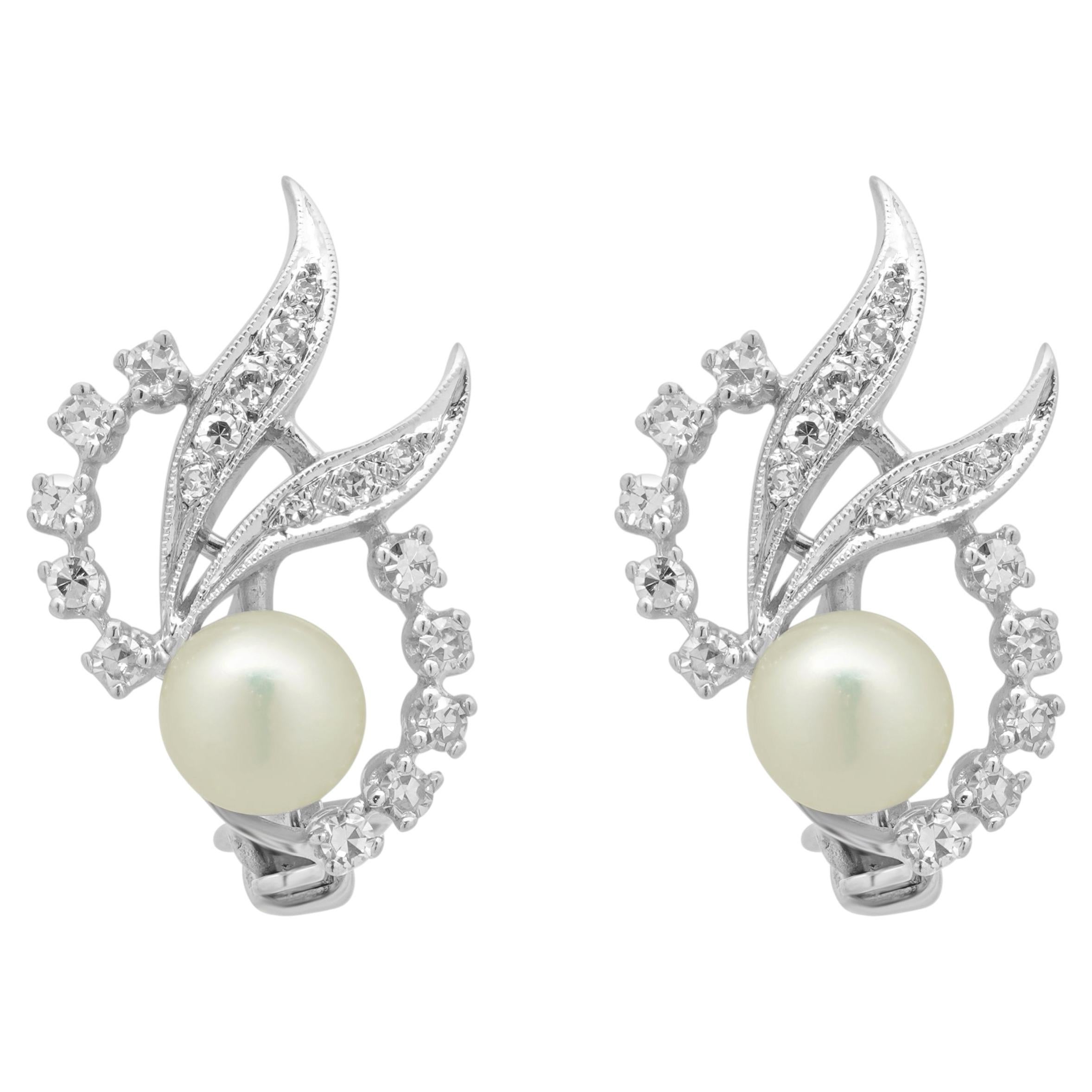 14 Karat White Gold Pearl and Diamond Spray Earrings