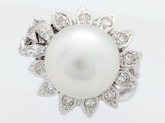 14 Karat White Gold Pearl and Single Cut Diamond Estate Ring