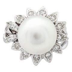 Retro 14 Karat White Gold Pearl and Single Cut Diamond Estate Ring