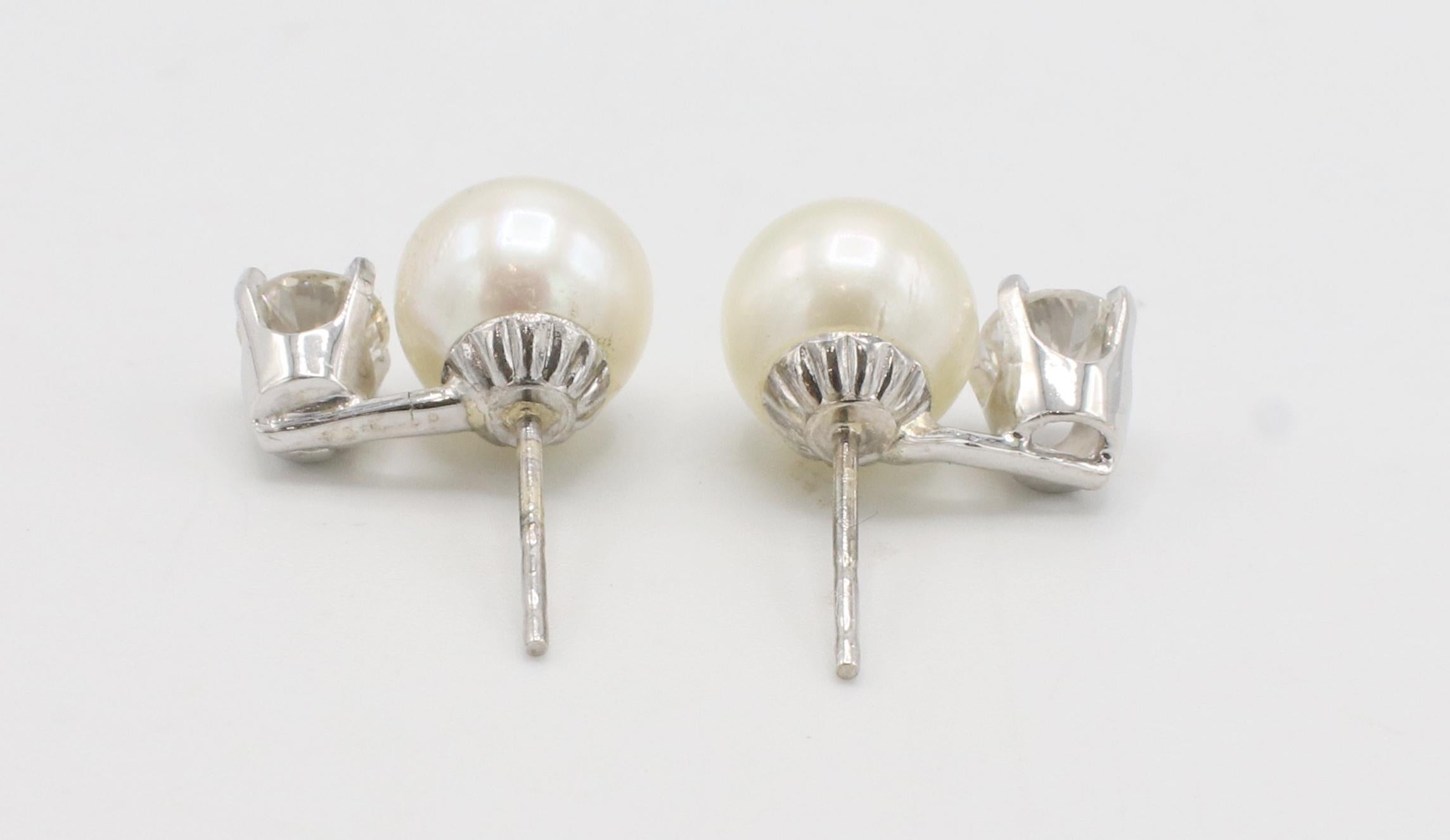 Modern 14 Karat White Gold Pearl & Natural Diamond Stud Earrings For Sale