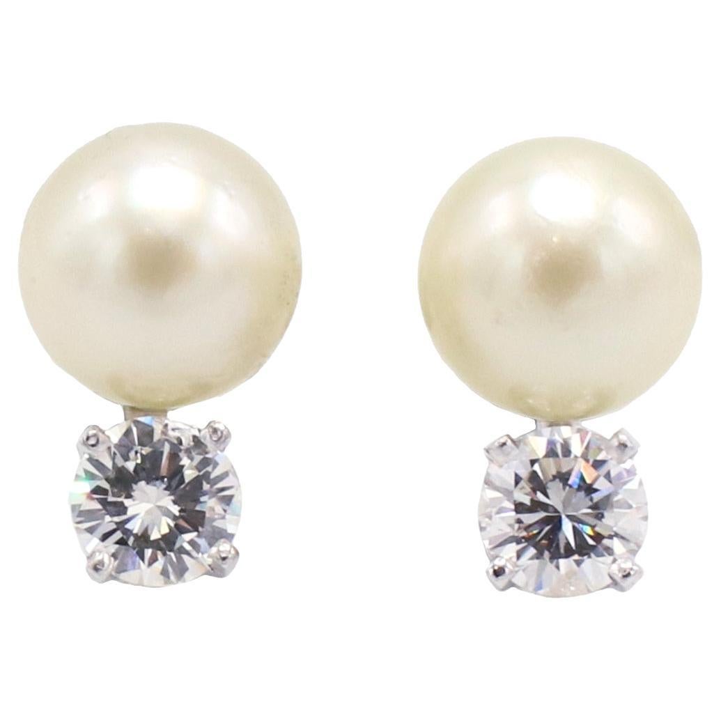 14 Karat White Gold Pearl & Natural Diamond Stud Earrings For Sale