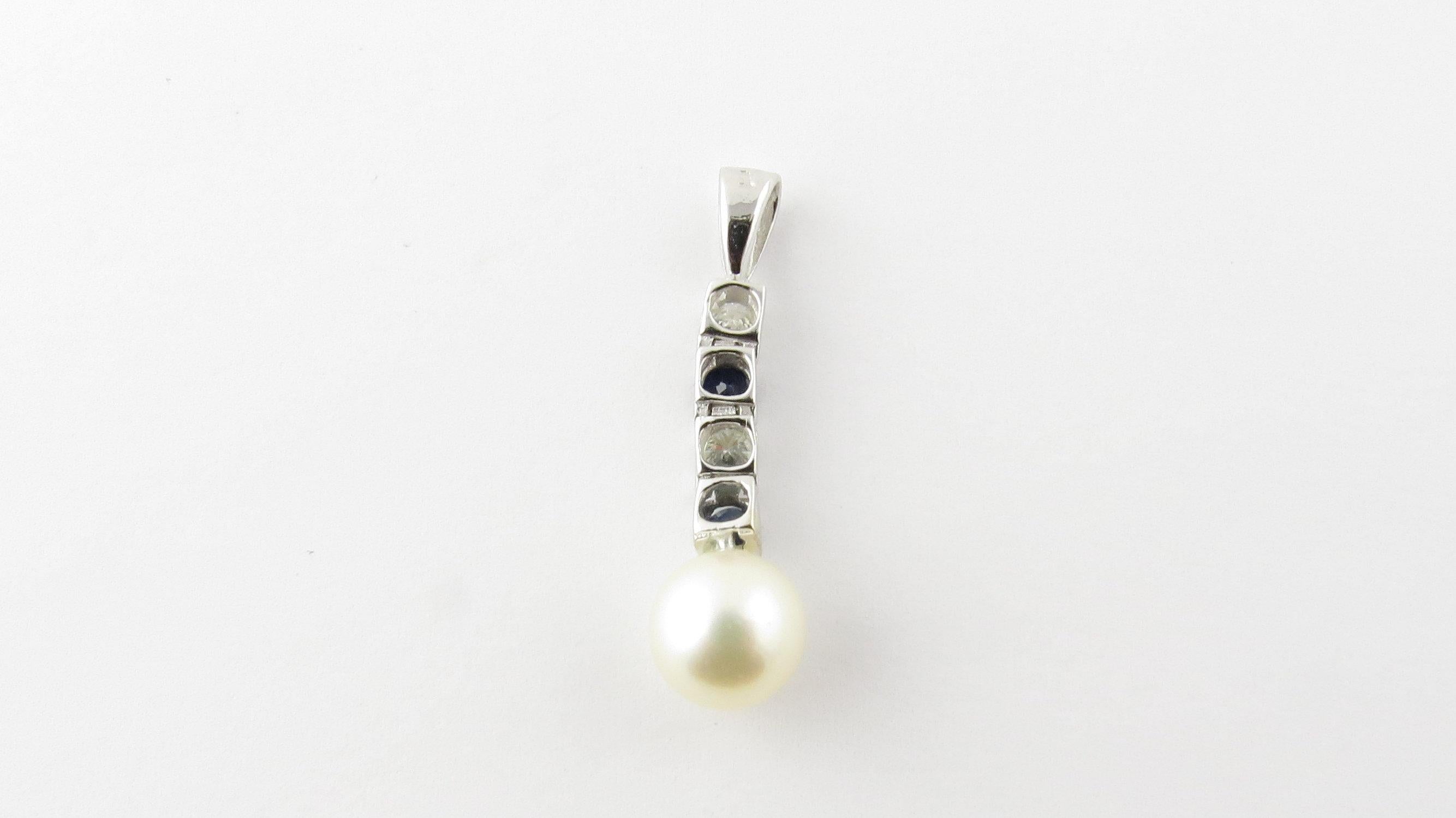 14 Karat White Gold Pearl, Sapphire and Diamond Pendant In Good Condition In Washington Depot, CT