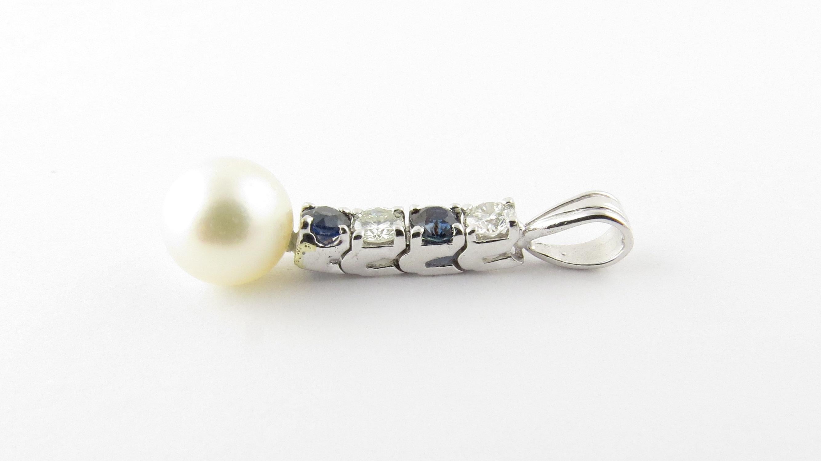 14 Karat White Gold Pearl, Sapphire and Diamond Pendant 1