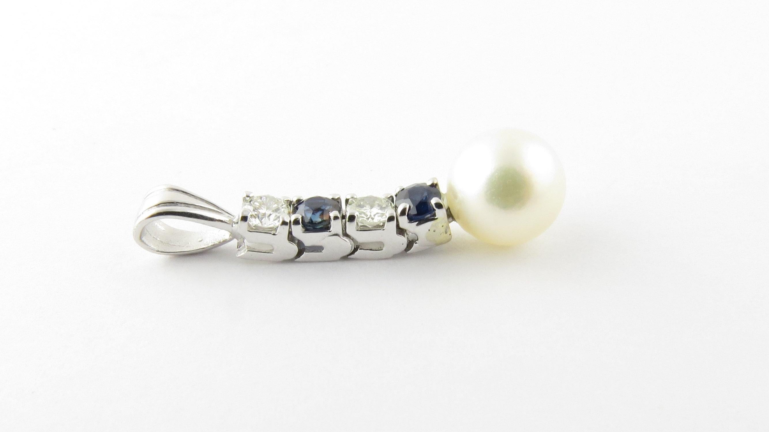 14 Karat White Gold Pearl, Sapphire and Diamond Pendant 2