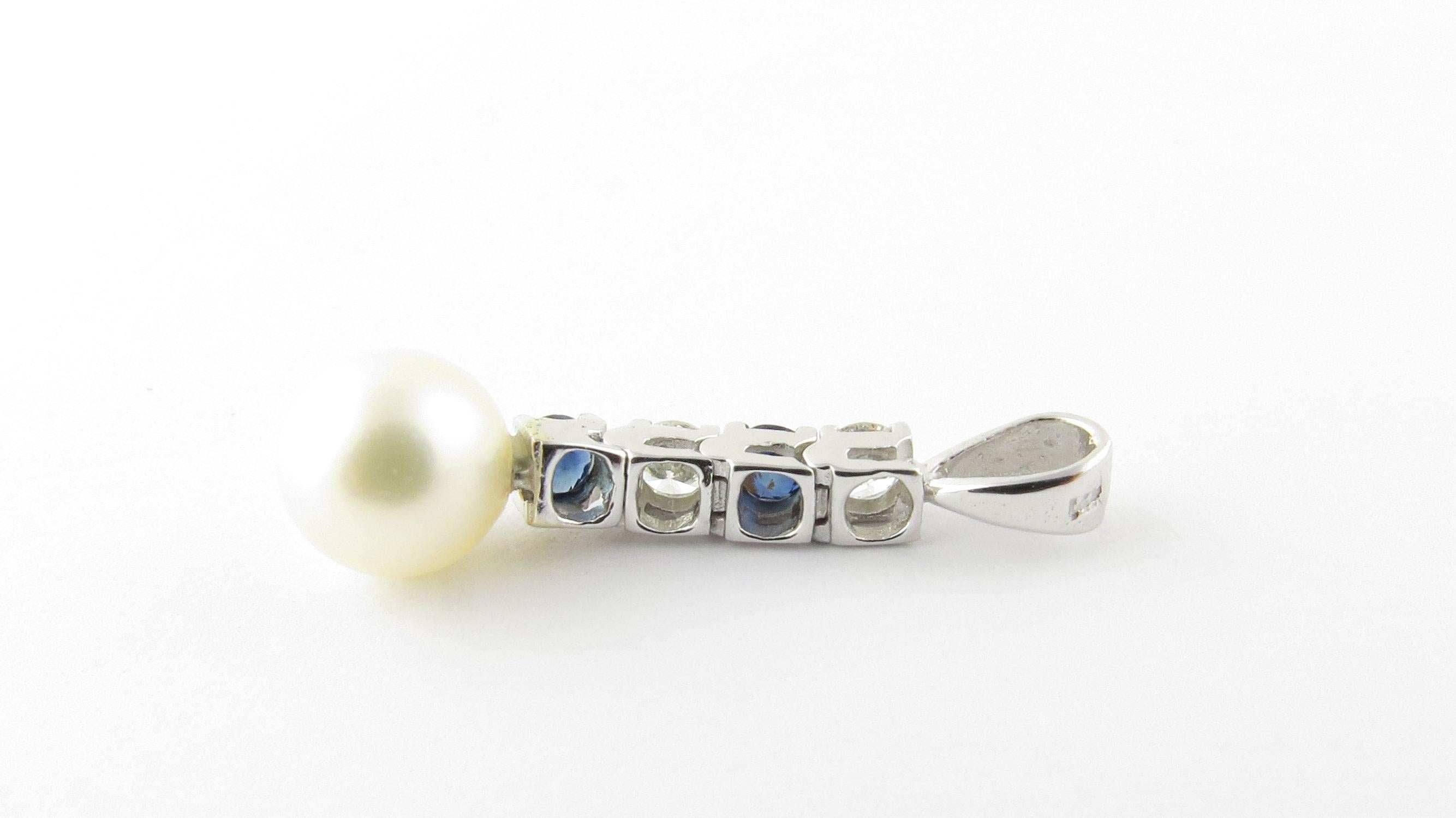 14 Karat White Gold Pearl, Sapphire and Diamond Pendant 3