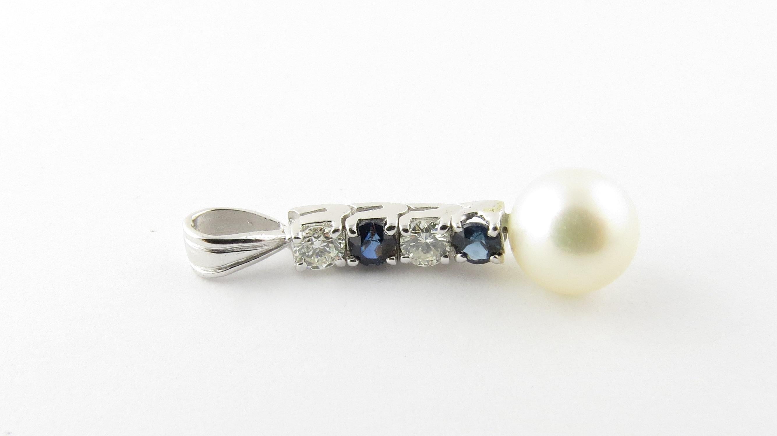 14 Karat White Gold Pearl, Sapphire and Diamond Pendant 4