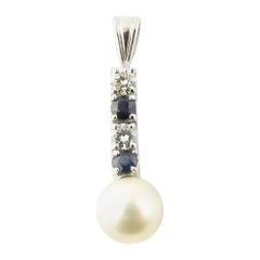 14 Karat White Gold Pearl, Sapphire and Diamond Pendant