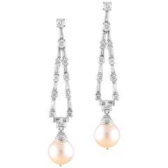 14 Karat White Gold Pearl White Diamond Chandelier Earrings