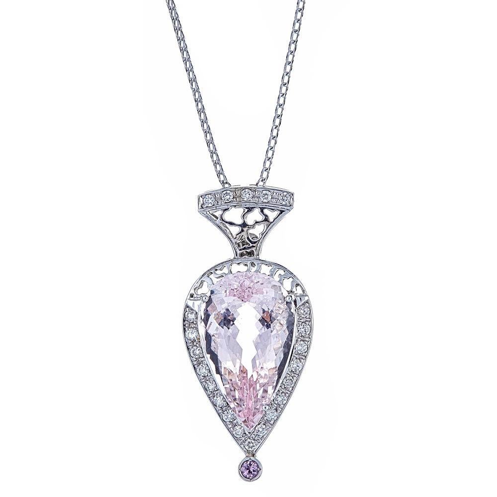 14 Karat White Gold Pendant 21.66 Carat Kunzite Tear Drop and 0.70 Carat Diamond 

This Lovely Pendant is Handcrafted in 14K White Gold and Features a 21.66-Carat Kunzite.

 Gold Purity: 14 Karat
 Gold Type: White Gold
 Stone Name: Kunzite
 Diamond
