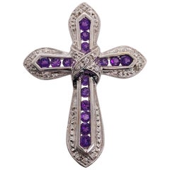 14 Karat White Gold Pendant Cross with Amethysts and Diamonds