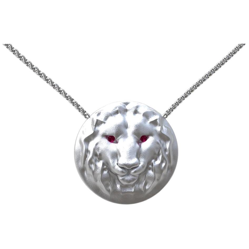 14 Karat White Gold Pendant Necklace 18 Inch Leo Lion with Ruby Eyes For Sale